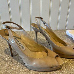 Jimmy Choo 4" stilleto slingbacks w/1/2" platform - cream paten leather, size 7M